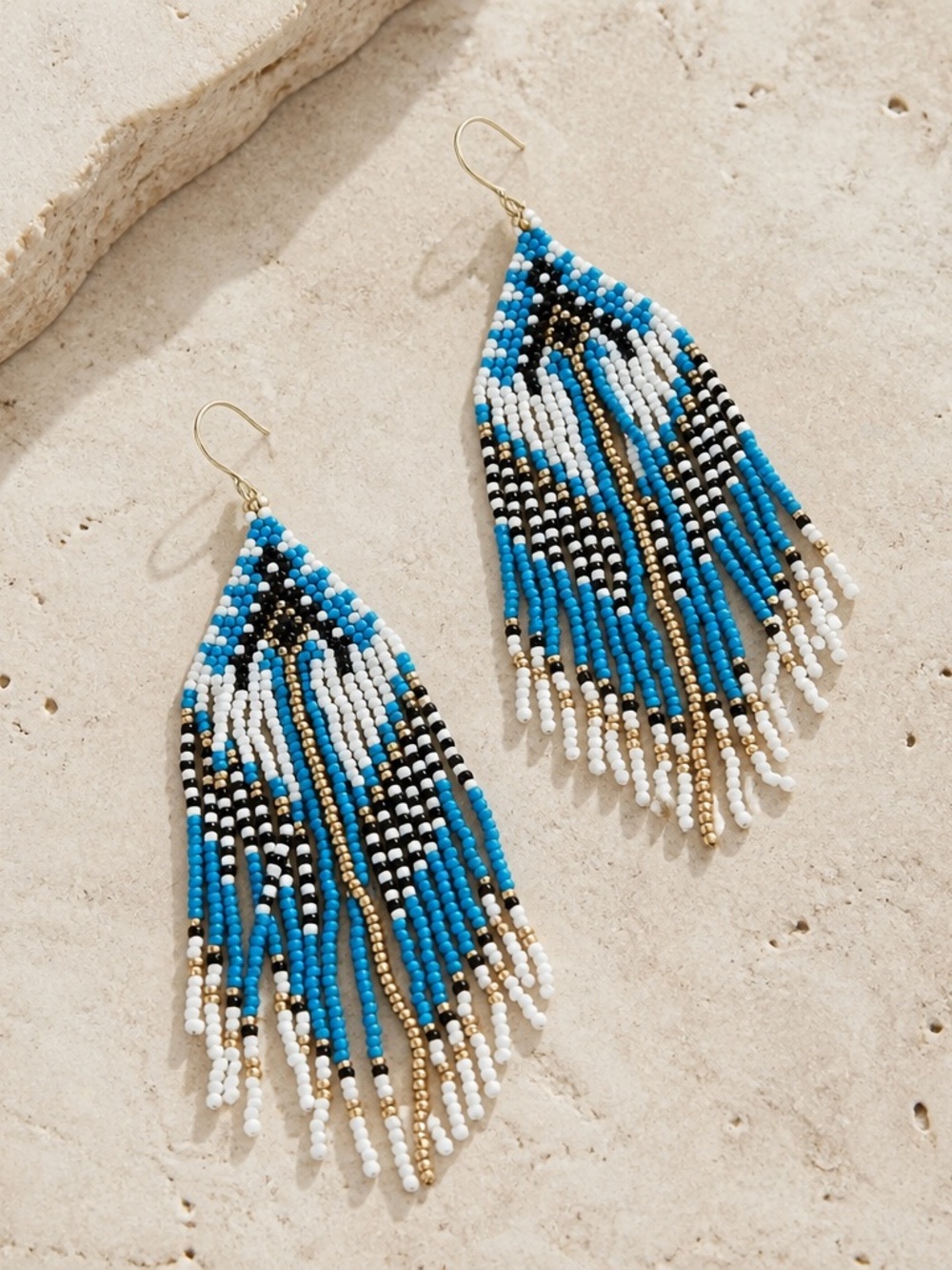 Blue White Beaded Fringe Tassel Earrings Boho Western Cowgirl - Picture 1 of 8